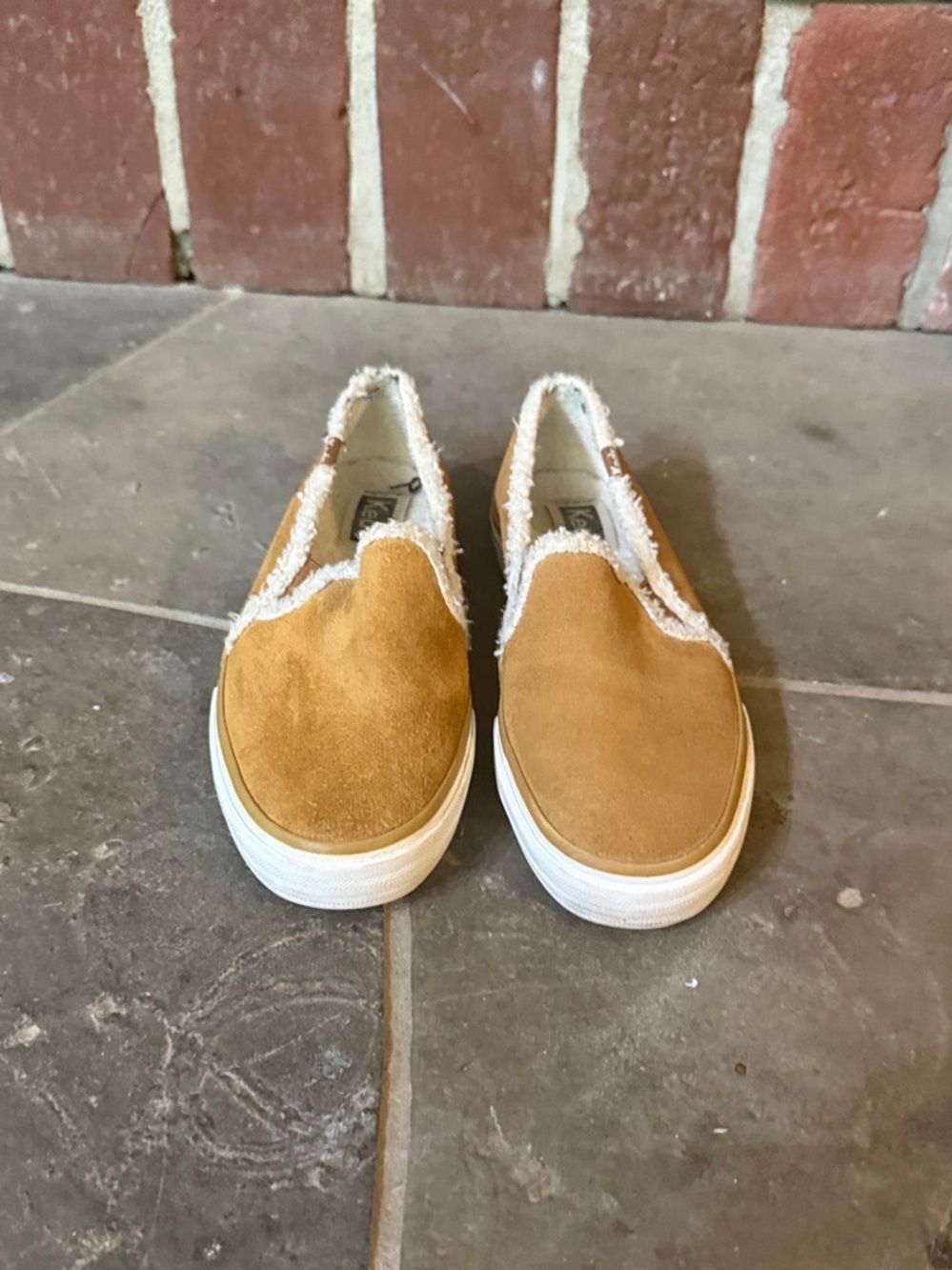 Keds Slip-On Flats in Tan Suede with White Trim